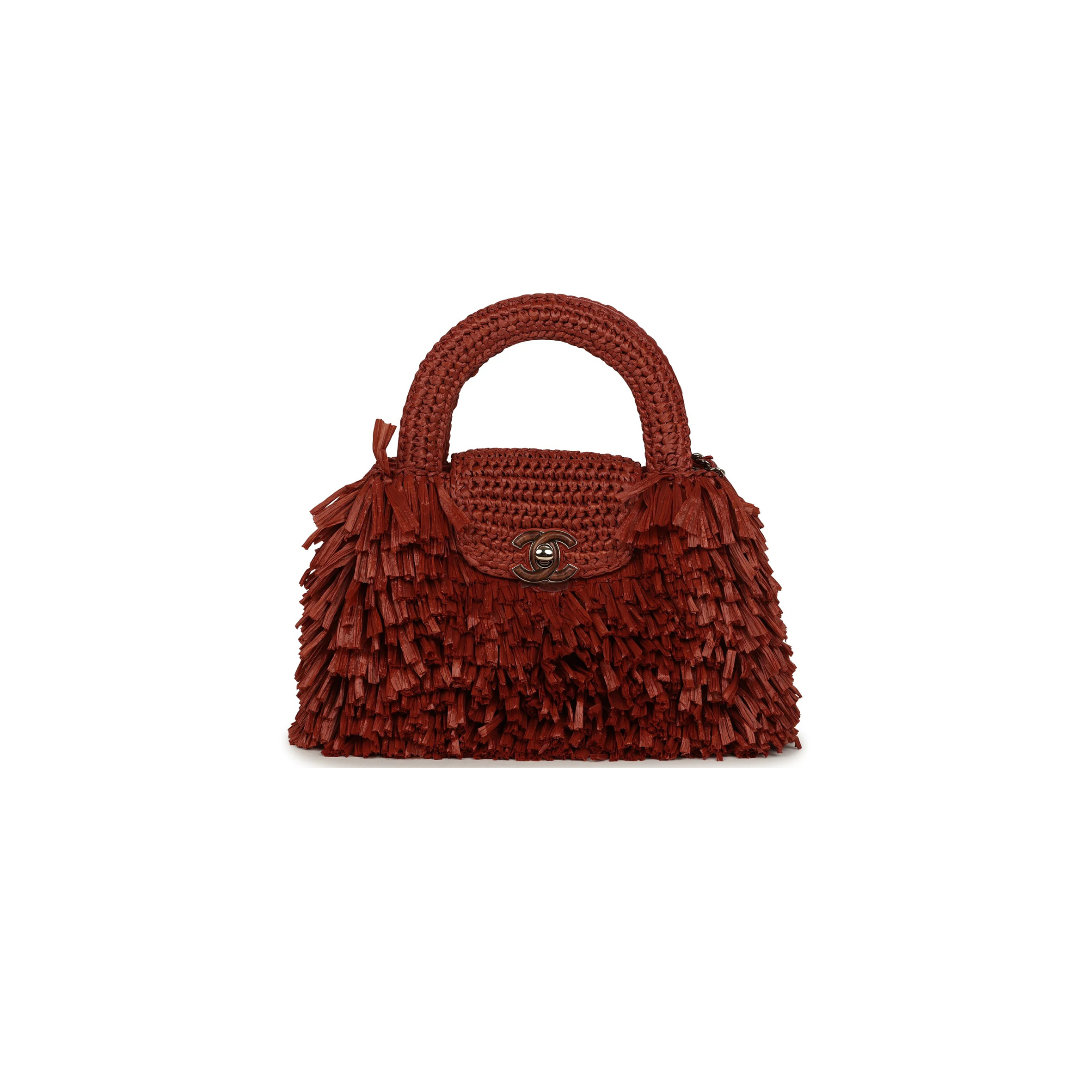 CHANEL MASTER SMALL FRINGE KELLY DARK RED RAFFIA WOOD AND LIGHT GOLD HARDWARE (20*13*6cm) 